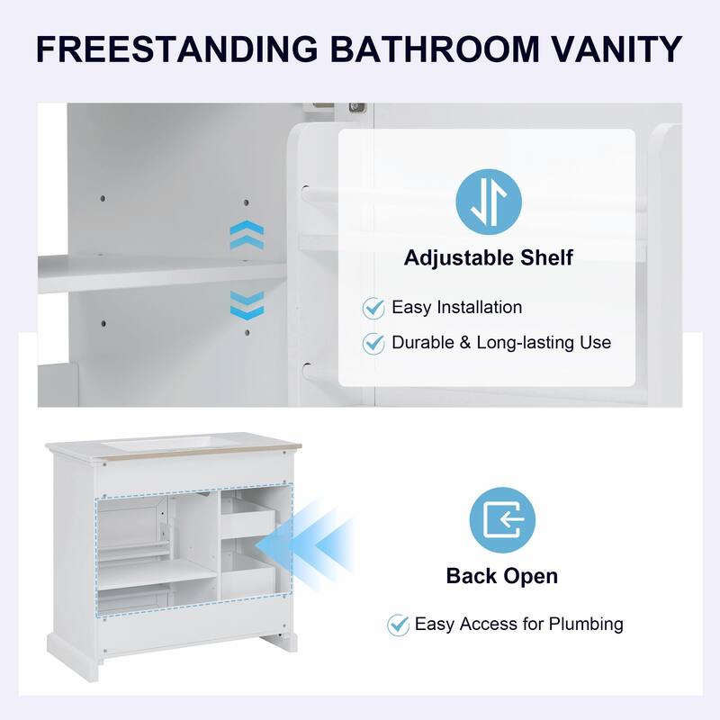 36-Inch Bathroom Vanity with Ceramic Sink Top - 4 Drawers and 1 Soft-Close Door