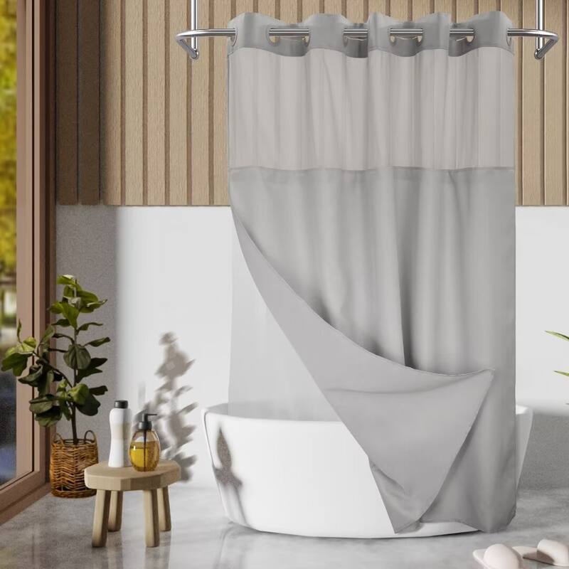 No Hook Slub Linen Texture Shower Curtain with PEVA Snap-in Liner - 71"W x 74"L - Gray