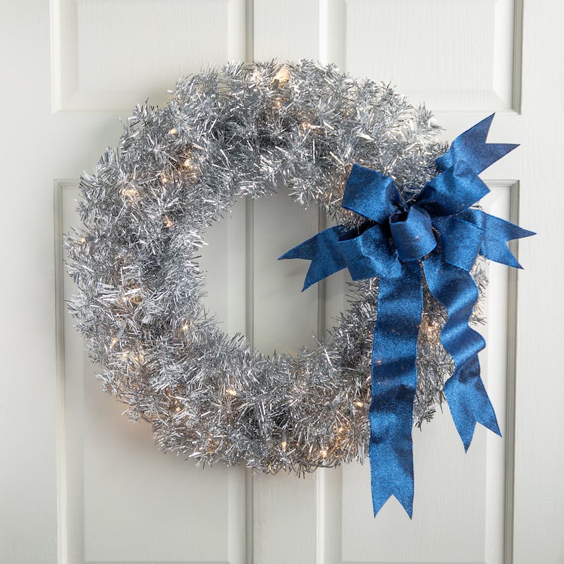 Pre-Lit Artificial Tinsel Christmas Wreath - 24" - Silver - Clear Lights