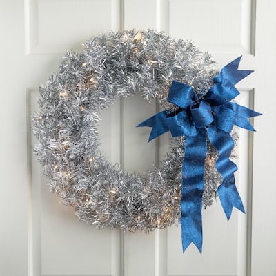 Pre-Lit Artificial Tinsel Christmas Wreath - 24" - Silver - Clear Lights