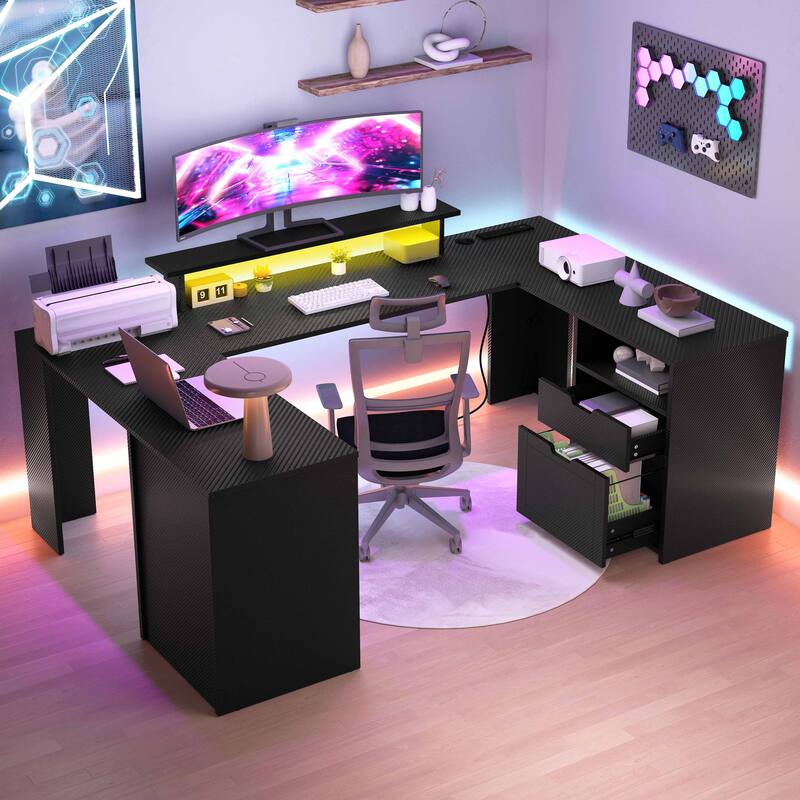 Moasis Farmhouse U-Shaped Desk with LED Lights & Power Outlet