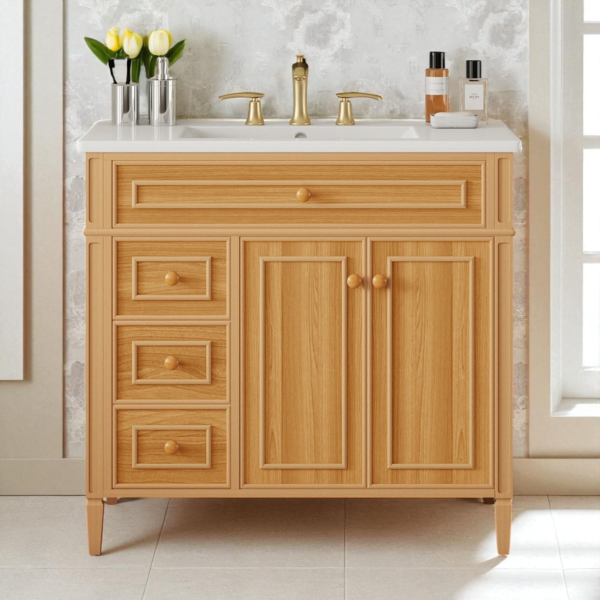 36" Bathroom Vanity with Ceramic Sink, Flip-Out Drawer, 3 Drawers, Soft Close Doors, Solid Wood & MDF Cabinet
