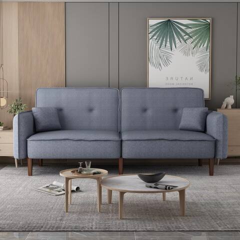 Modern Convertible Futon Sofa bed with Solid Wood Leg in Fabric Upholstered with Side Pocket and 2 Pillows