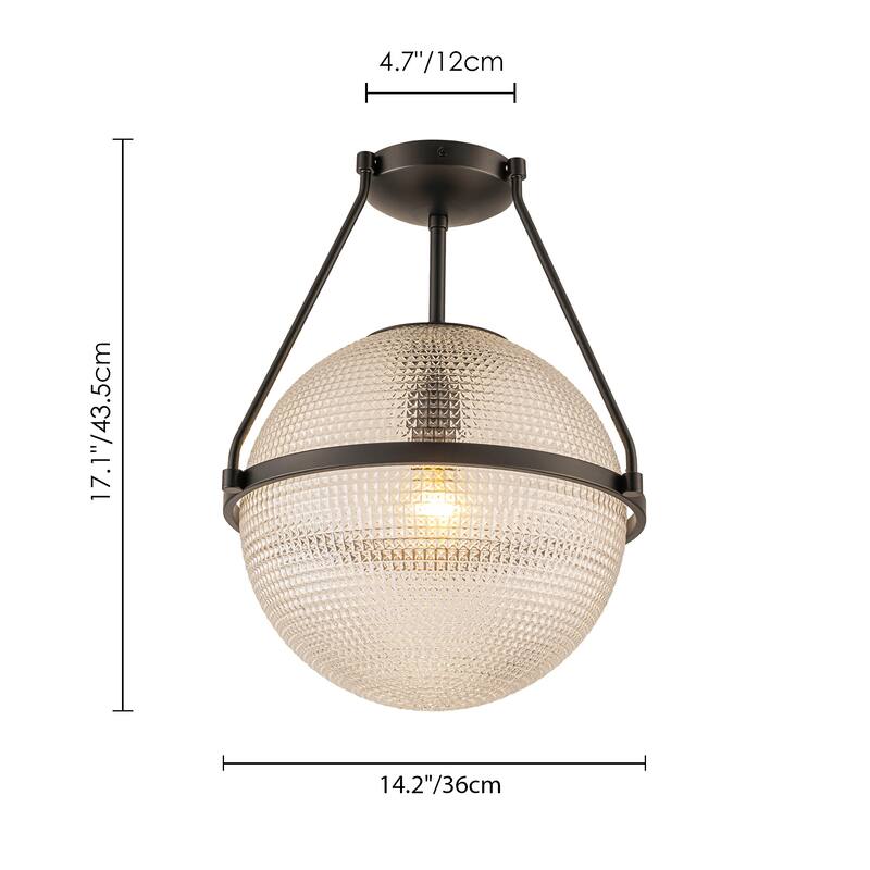 1-Light 14.17" Black/Gold Modern Textured Grid Glass Globe Semi-Flush Mount Light