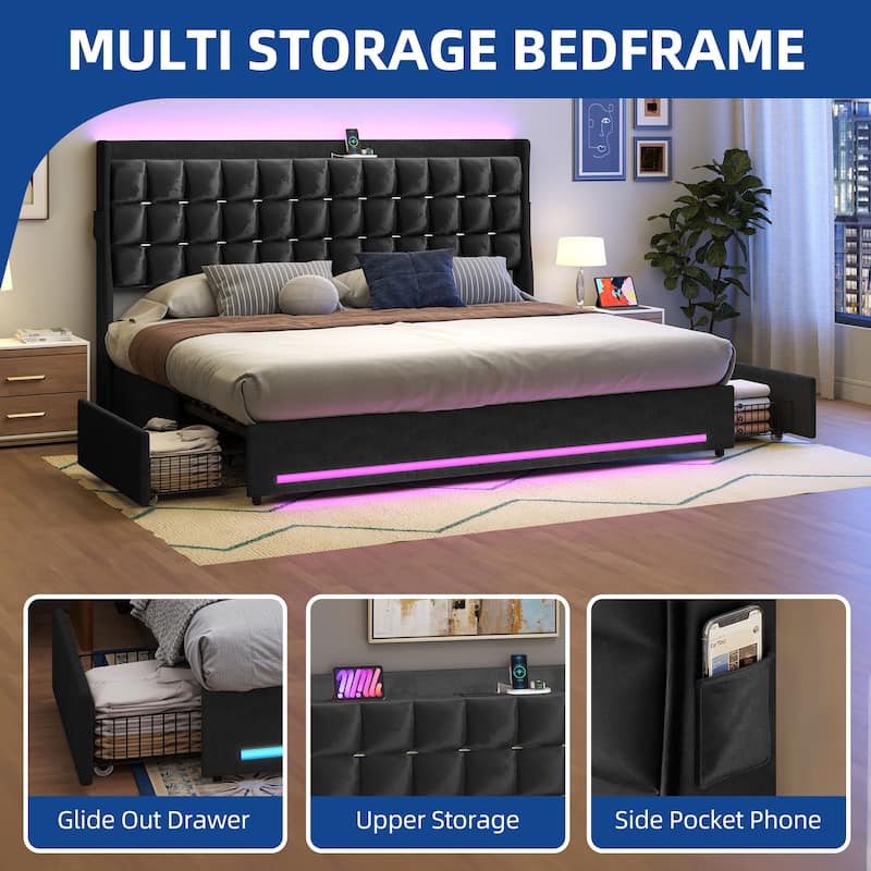 Moasis King Size Velvet Platform Bed with 4 Drawers RGB Lights and Charging Station No Box Spring Needed