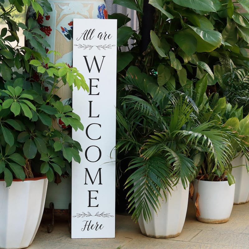 Farmhouse All Are Welcome Here Vertical White Wood Wall Plaque, 47.25" H