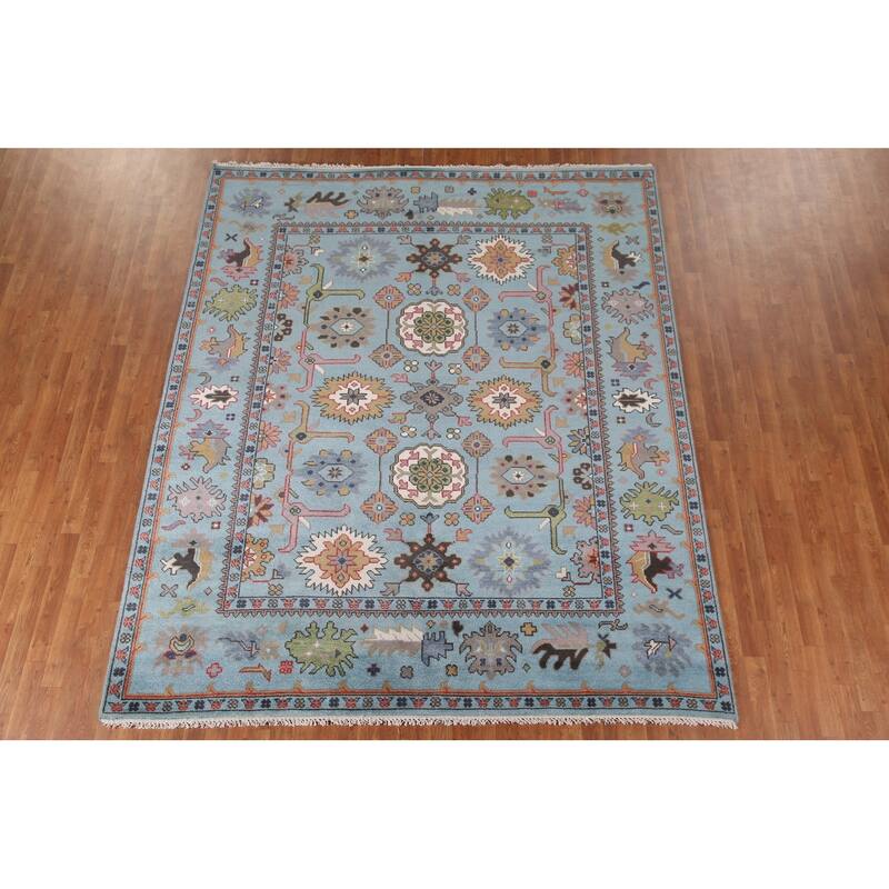 Blue Geometric Oushak Oriental Area Rug Handmade Wool Carpet - 8'2"x 9'9"