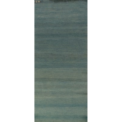 Blue & Green Modern Gabbeh Runner Rug Handmade Wool Carpet - 3'0" x 9'8"
