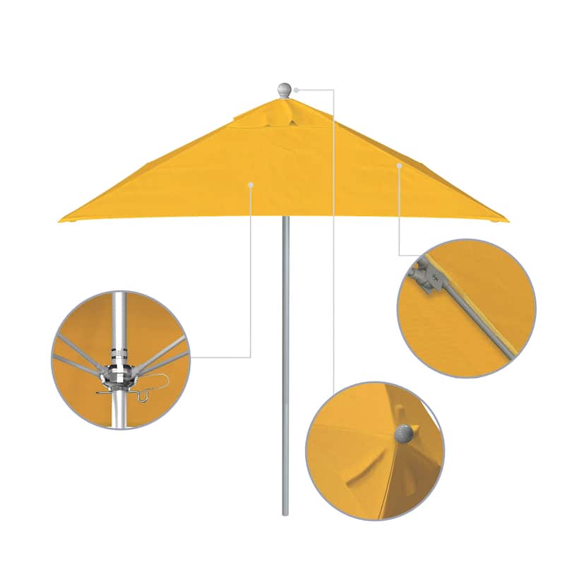 California Umbrella 6' Sq. Aluminum Frame, Fiberglass Rib Patio Umbrella, Push Open, Anodized Sliver Finish, Sunbrella Fabric