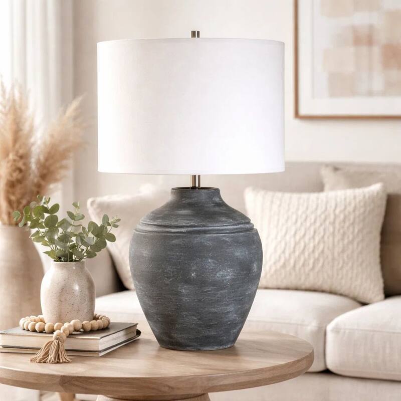 Table Lamp, Off White Linen Shade, Weathered Black Urn Body, 24 Inch