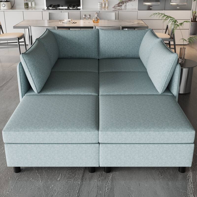 Blue 68'' L-Shaped 6-Seater Sofa with Storage and Ottoman