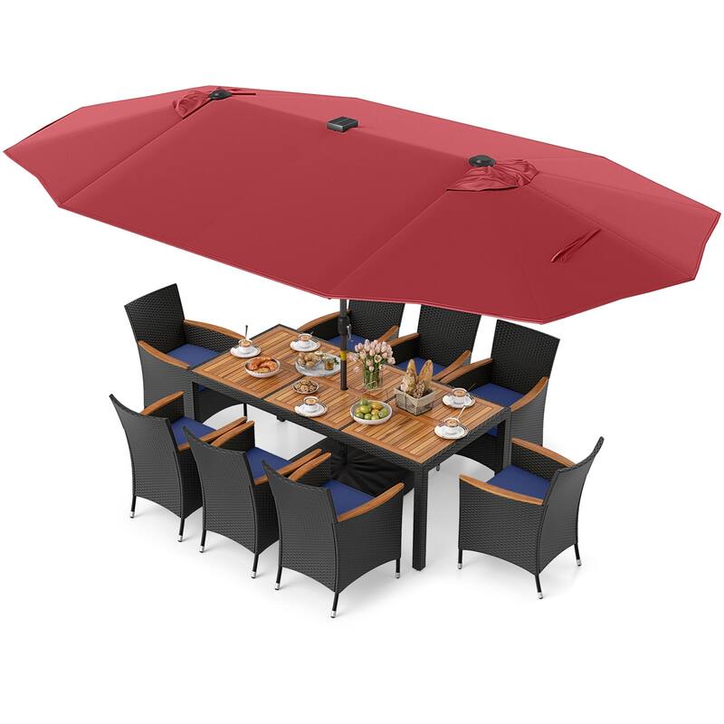 Gymax 11 PCS Patio Dining Set w/ 15ft Double-Sided Patio Umbrella