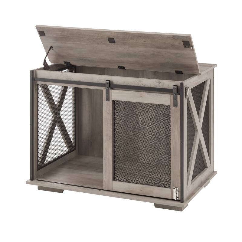 Wooden Dog Crate Furniture, Dog Kennel End Table with Sliding Barn Door, Dog Cage with Flip-top Plate & Detachable Divider