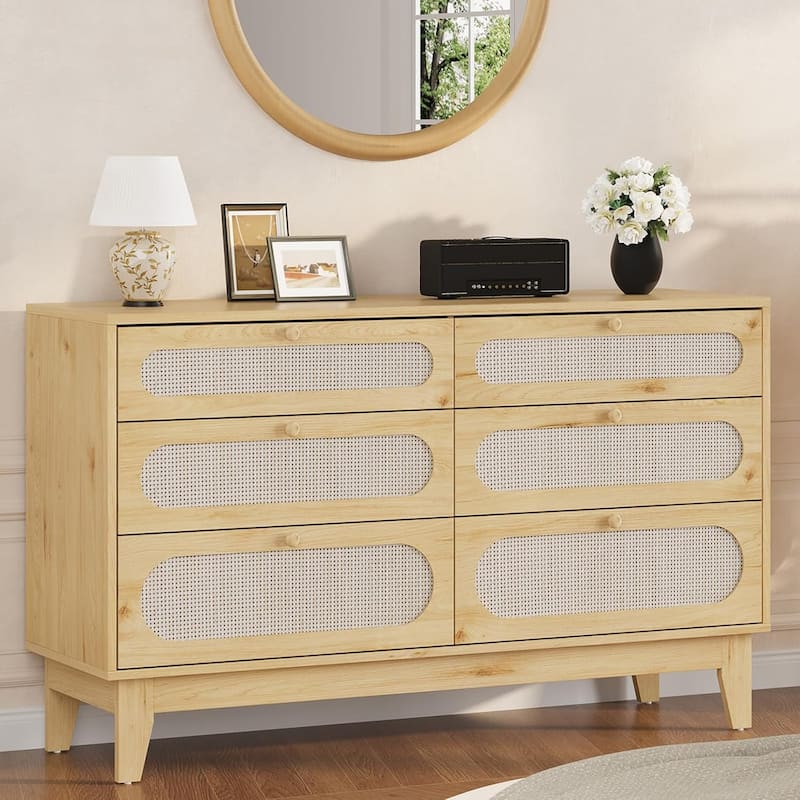 6-Drawer Rattan Dresser with Power Outlet, Wooden Chest of Drawers