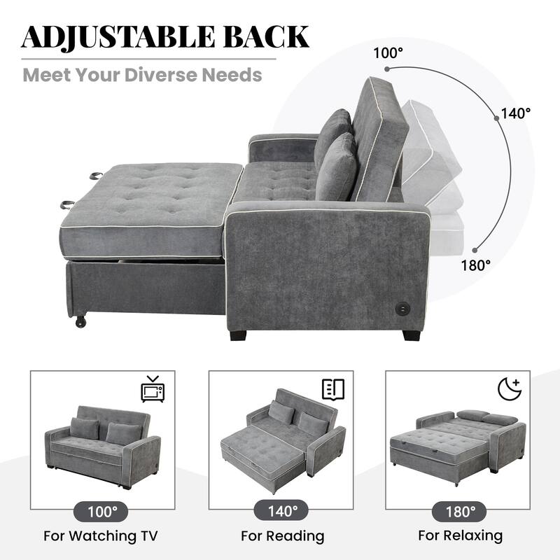 Upholstered Loveseat Pull Out Sofa Bed, Lounge Couch w2 Pillows & 2 USB Port, Adjustable Backrest Futon Sofa Tufted Couch