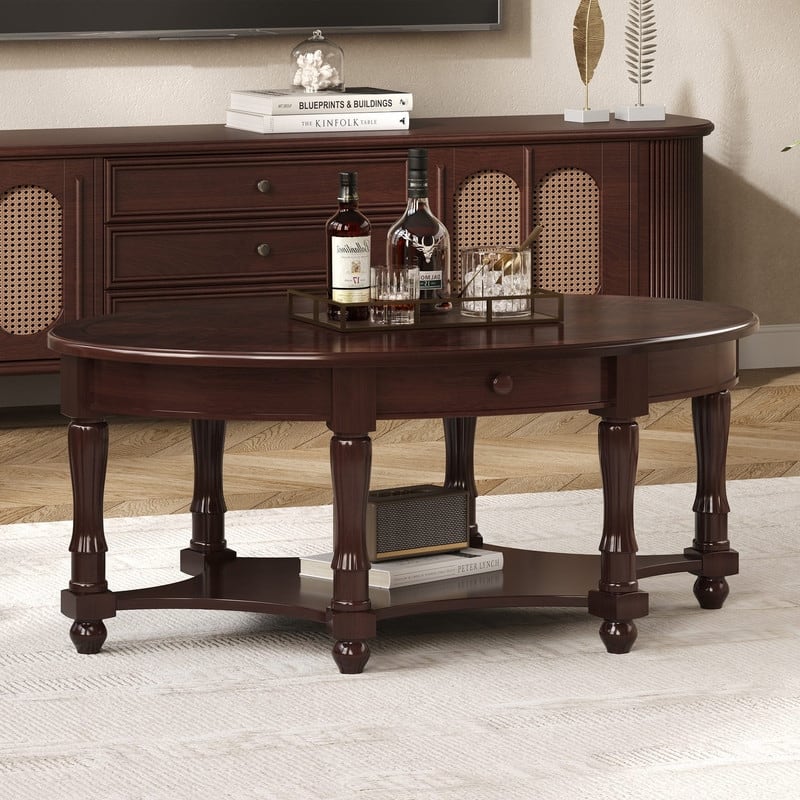 Vintage 45" Oval Coffee Table with Drawer and Storage Shelf, Elegant French Country Living Room Accent Table
