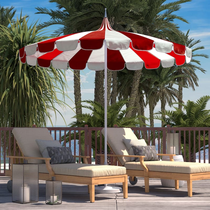 California Umbrella 8.5' Pagoda Series Patio Umbrella White Aluminum Pole Push Lift Sunbrella Natural and Pacific Blue - Natural and Jockey Red