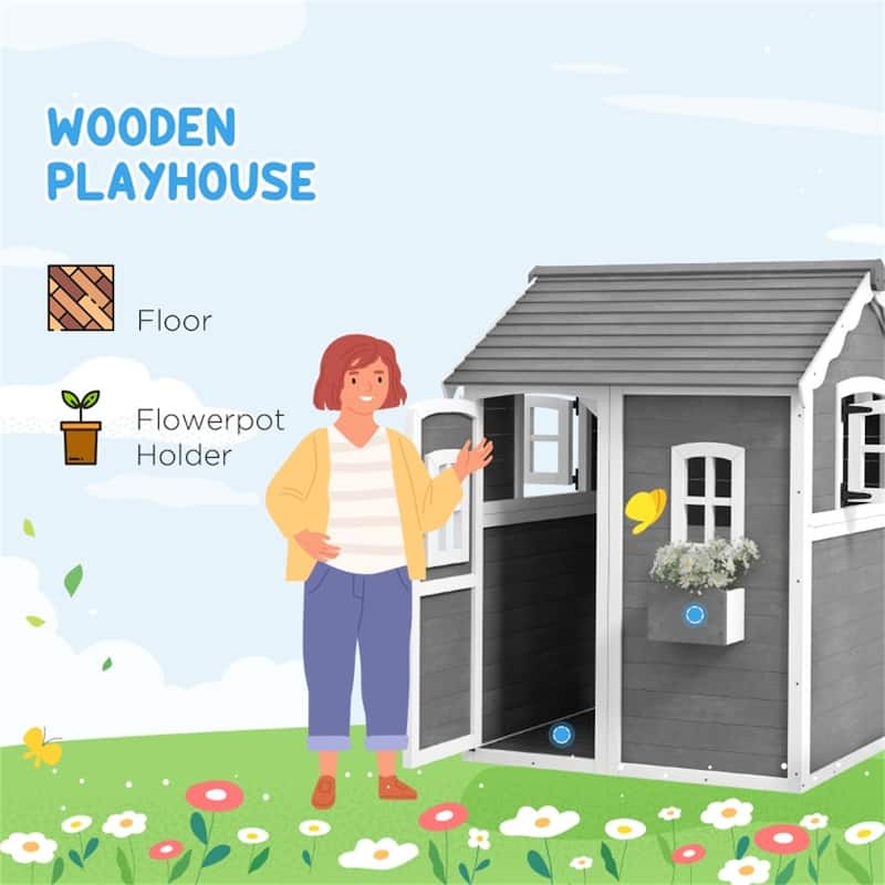 Gray Wooden Kids Outdoor Playhouse with Six Windows Plant Box and Floor for Backyard Fun Ages 3 to 8