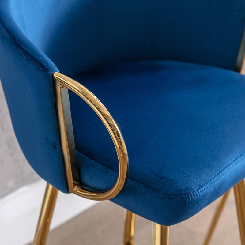Velvet Bar Stools Set of 2, Counter Height Bar Chairs with Armrests, Kitchen Island Stools with Footrest and Golden Legs