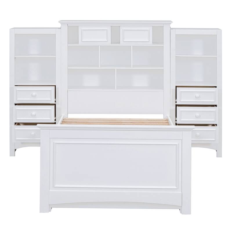 Twin Size White Wood Platform Bed with Vertical Cabinet and 8 Drawers