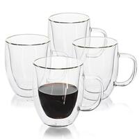 Dlux Espresso Coffee Cups 3oz, Double Wall, Clear Glass Set of 4 Glasses with Handles, Insulated Borosilicate Glassware Tea Cup