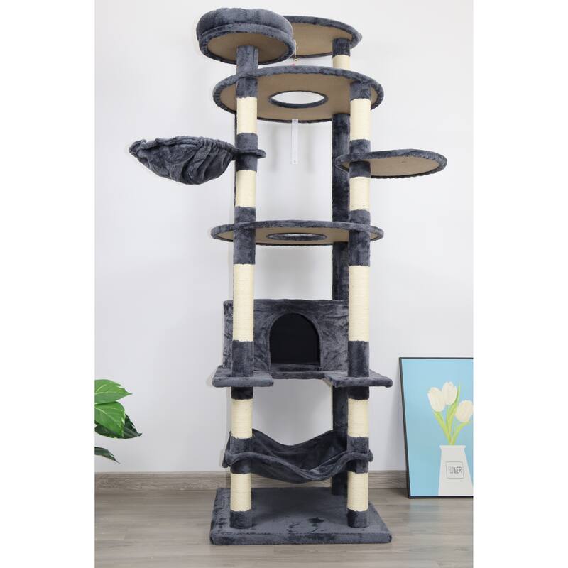 78 In Dark Gray Cat Tree Tower With Large Condo Sisal Scratching Post Big Hammock And Top Platform