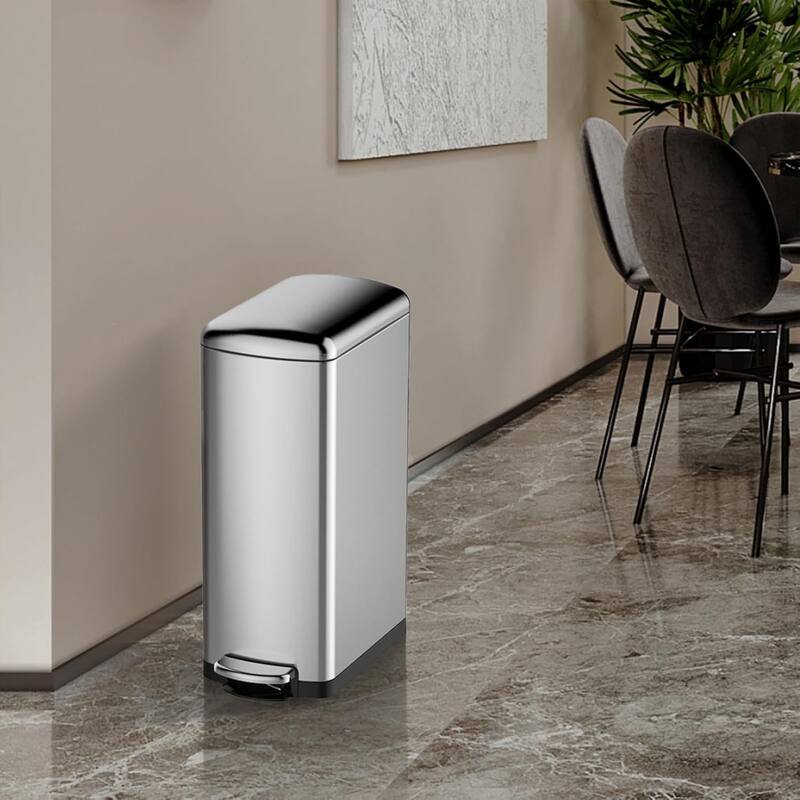 8-Gallon (30l) Slim Stainless Steel Trash Bin with Inner Bucket, Step-on ，with Soft-Close Lid - Silver