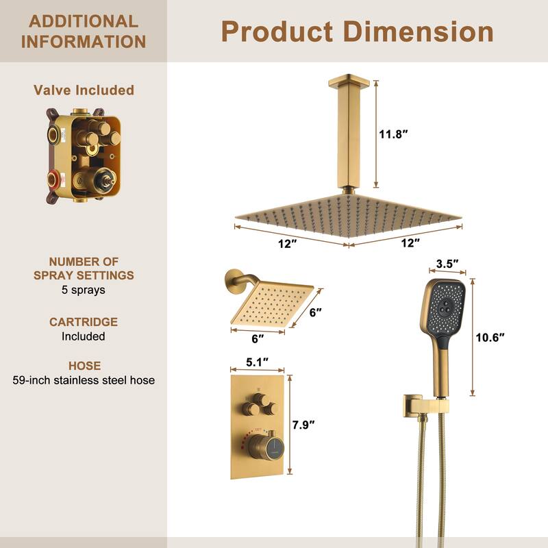Celling 12 Inch Rainfall Shower Head 3 Function Thermostatic Shower System