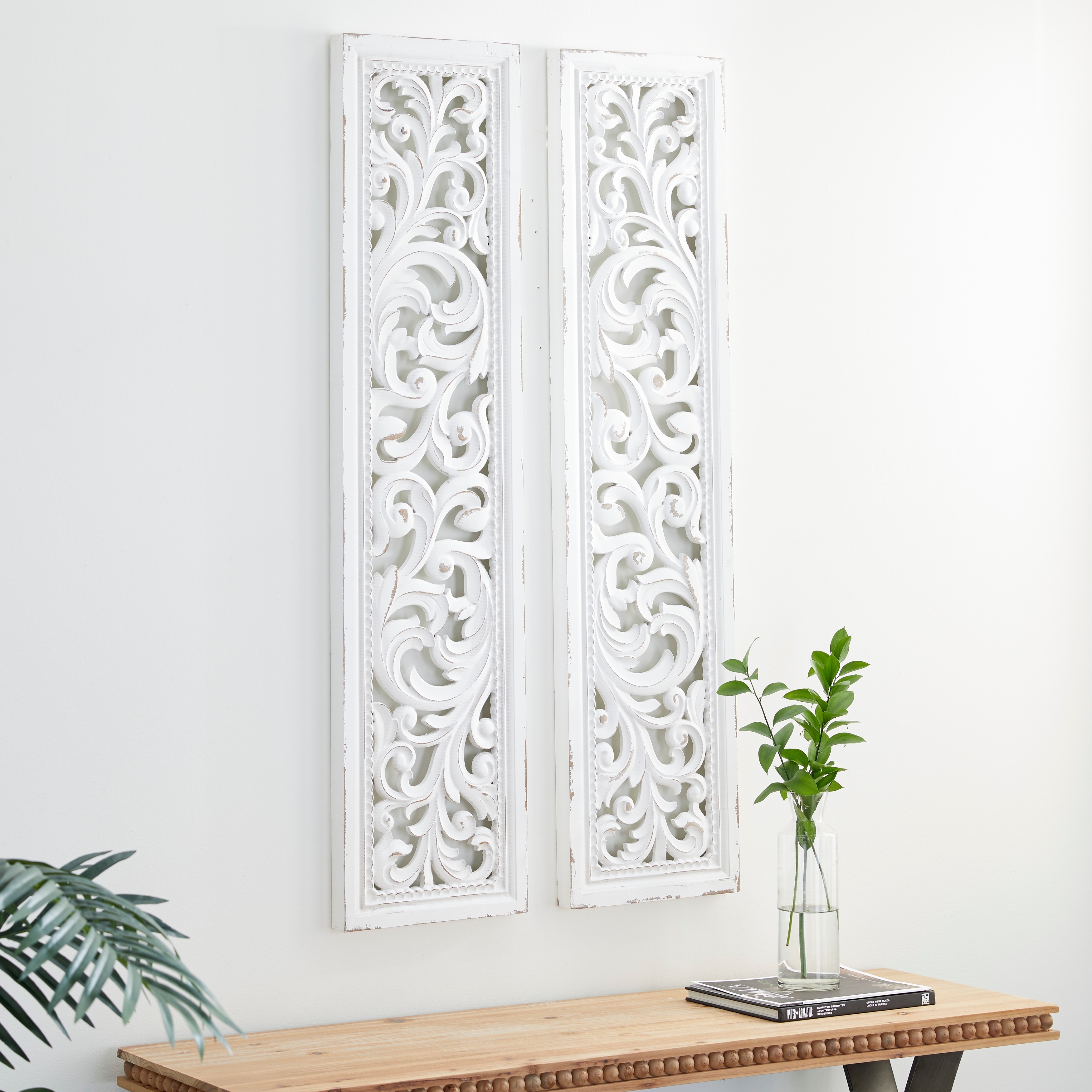 White Wood Intricately Carved Scroll Floral Wall Decor (Set of 2) On Sale  Bed Bath  Beyond 32112698