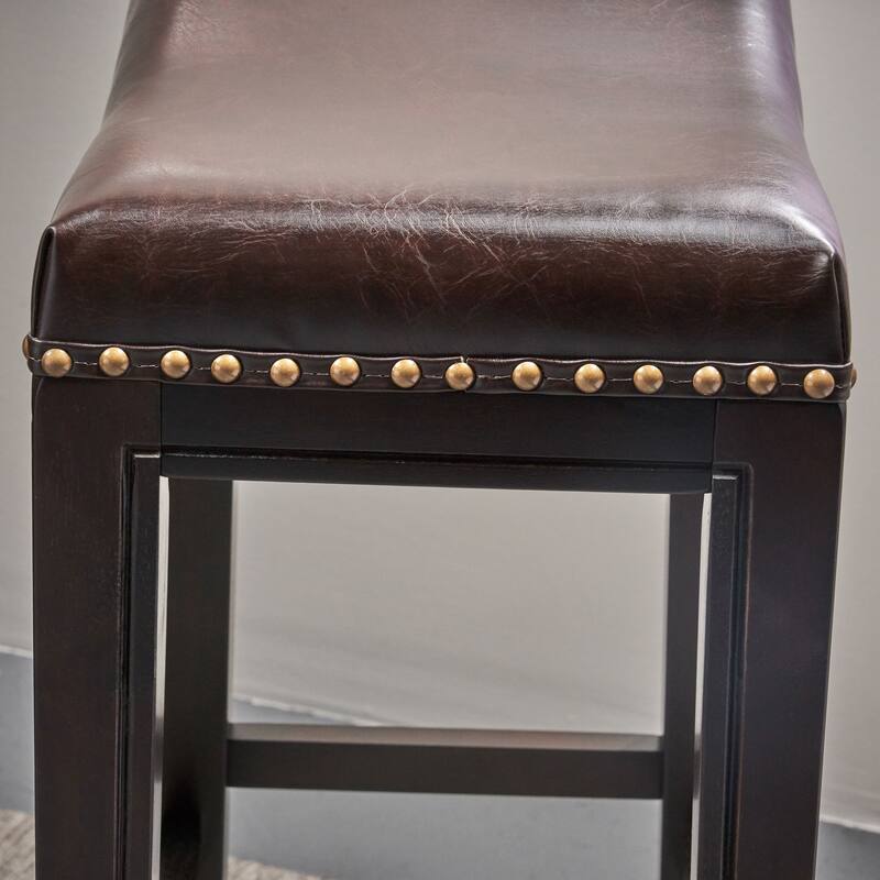 2-Pcs Set Wooden Frame Barstool, Nailhead Trim Saddle Bar Chair, Backless Counter High Chair, Upholstered Dining Chair