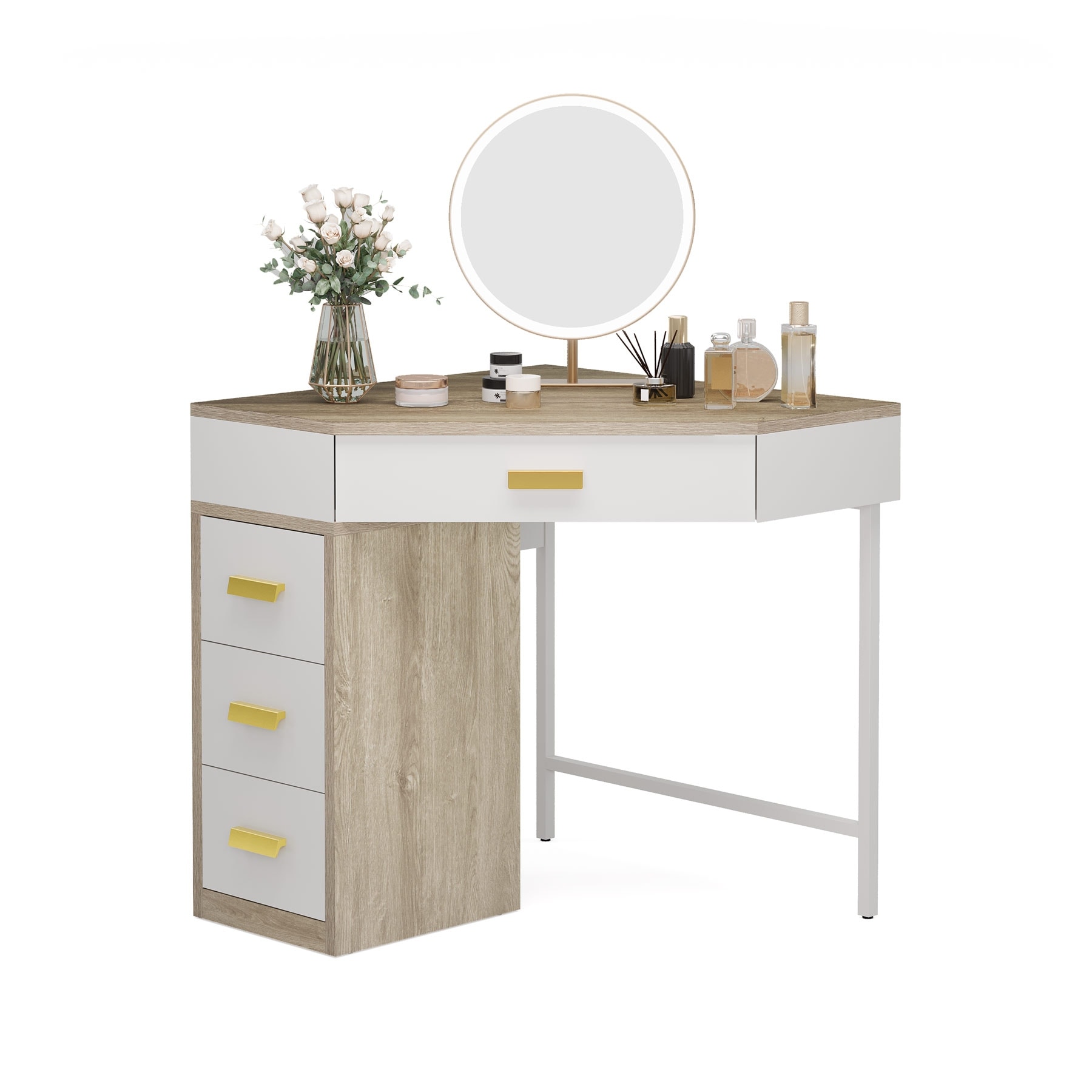 Wood & Metal Corner Vanity Desk with 4 Drawers