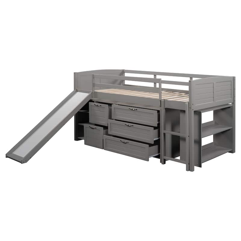 Low Twin Size Loft Bed with Cabinets, Shelves and Slide - Espresso - N/A