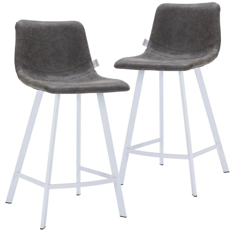 Elland Leather Bar Stool - Modern Counter Height Stool with White Stainless Steel Legs for Kitchen Island or Home Bar Set of 2 - Grey