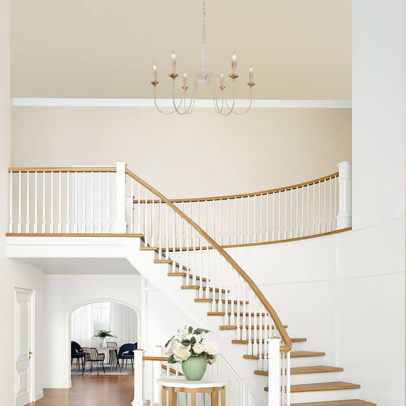 Modern Farmhouse Candle 6-Light Wheel Chandelier Wood French Country Dining Room Lighting - D30.5" x H25.5"