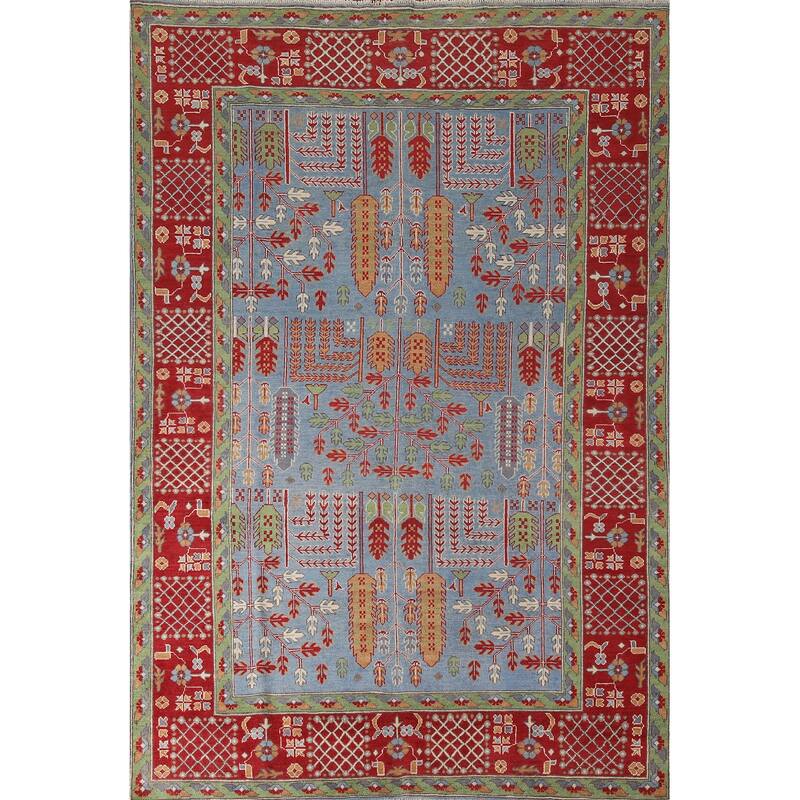 Traditional Light Blue Kazak Area Rug Handmade Wool Carpet - 6'6" x 9'5"