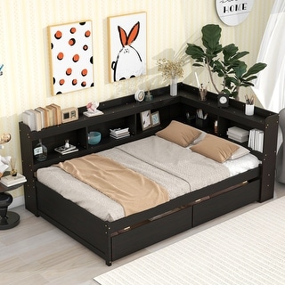Full Size Wood Daybed Platform Bed w/ L-shaped Bookcases, 2 Drawers