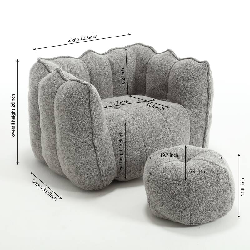 Modern Chenille Bean Bag Chair with Ottoman, Set of 1