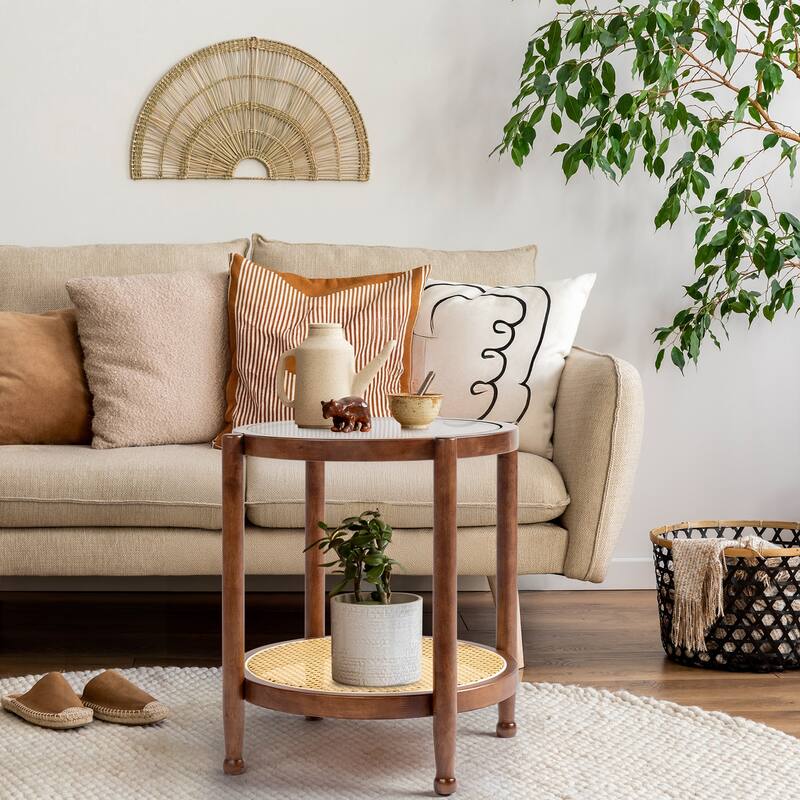 Rubberwood Coffee Table with Tempered Glass and Rattan - 19.7 x 19.7 x 23.2 in