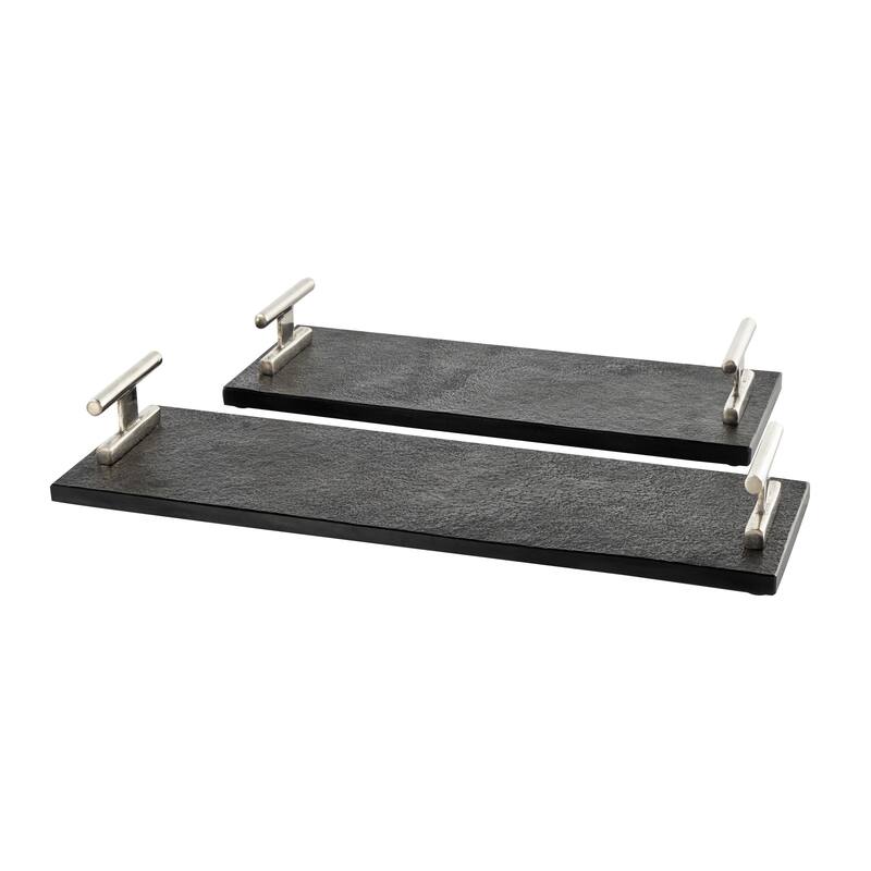 Black Marble Textured Living Room Decor Tray with Silver or Black Rod Handles (Set of 2)