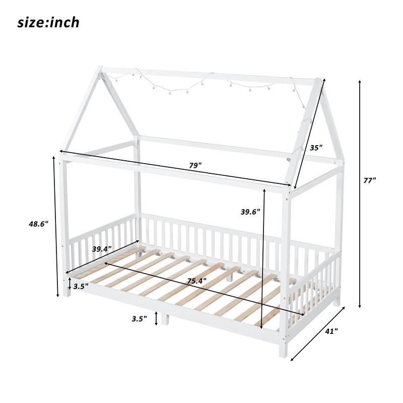 Kids Wooden Bed with Roof and Fence Style Frame, LED Lights and Full Guardrail Design
