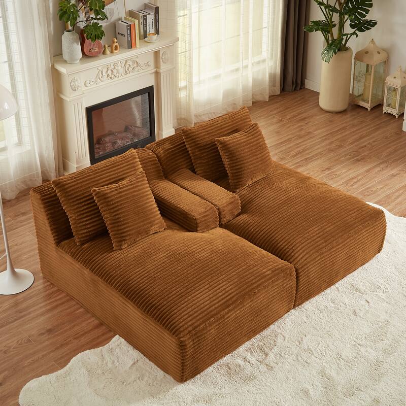 Corduroy Upholstery Cloud Modular Sectional Sofa with Chaise and Pillows, All-Foam Compression Design