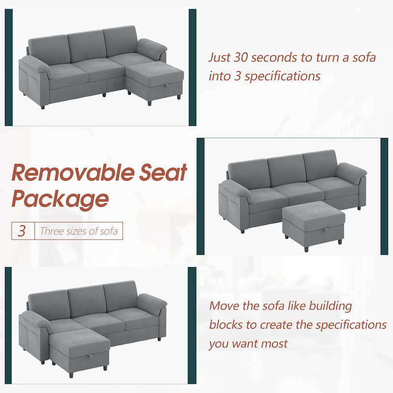 Futzca 79'' Corduroy Sectional Sofa Couch with Removable Pillow