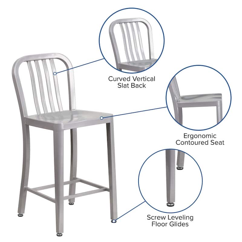 24'' High Metal Indoor-Outdoor Counter Height Stool with Vertical Slat Back