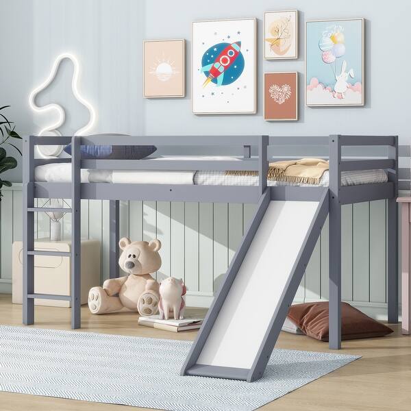 slide 2 of 12, Twin Low Loft Bed with Slide & Ladder, Grey Grey