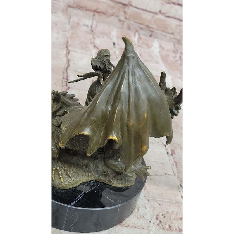 Bronze Dragon And Archer Statue Fantasy Medieval Sculpture Decor