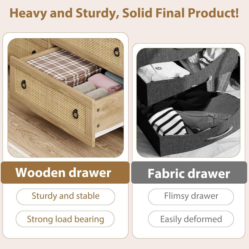 Boho Wide Drawer Dresser with Storage, Wooden Closet Dressers Chest of Drawers Freestanding for Bedroom
