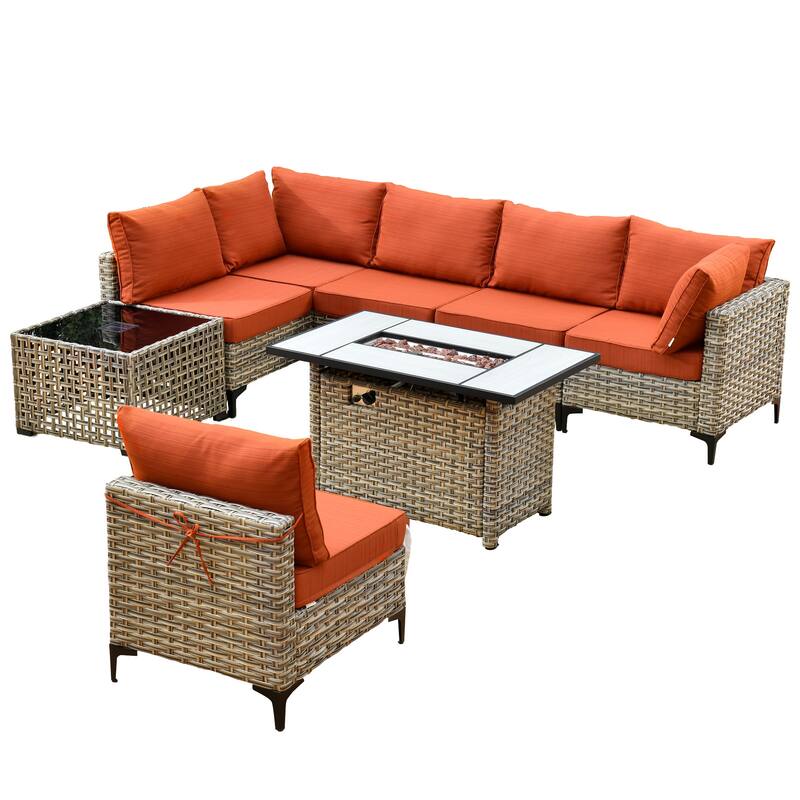 XIZZI 8-Piece Outdoor Wicker Furniture Sectional Set with Firepit