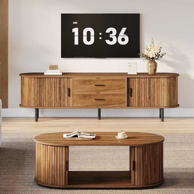 70.87" Walnut Mid-Century Modern Fluted TV Stand with Tambour Sliding Doors for Living Room