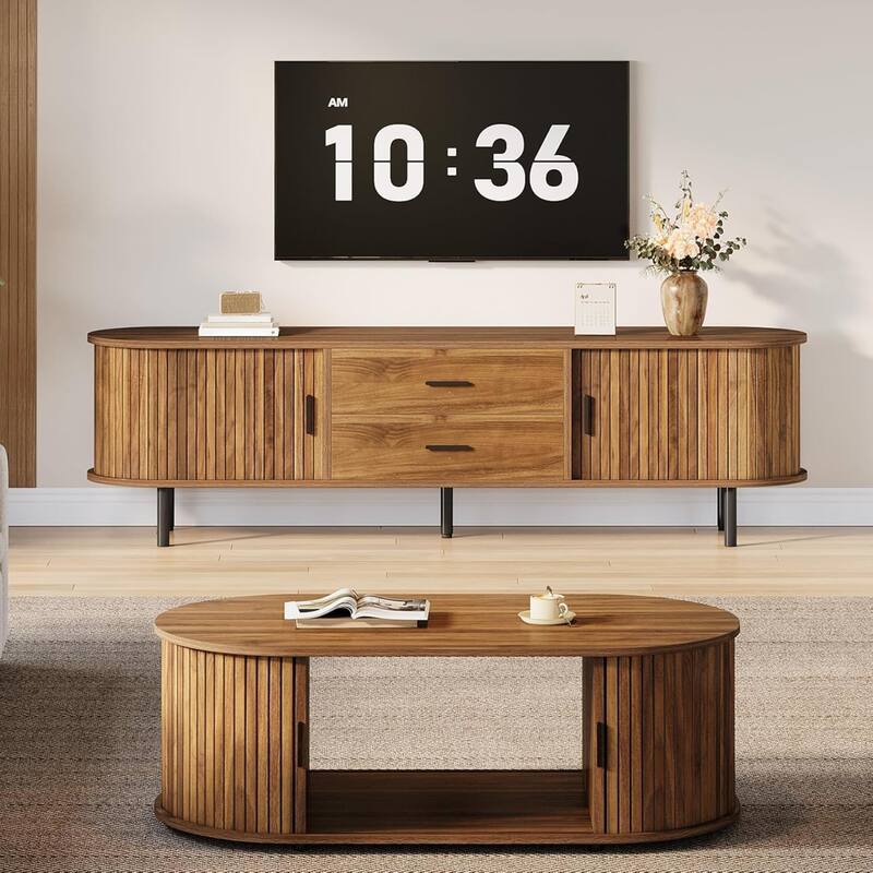 Rossetta 70.87" Mid-Century Modern retro-chic style TV Stand with Vertical Fluted Tambour Sliding Doors, up to 75" TVs