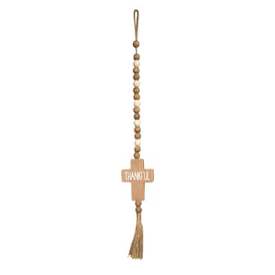 Farmhouse Wood Bead Garland with Thankful Cross and Tassels - 23.13 X 3.63